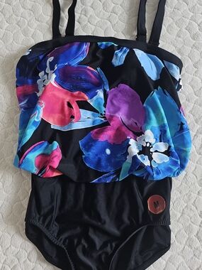 NEW 2 Bamboo Black Floral One-Piece Swimsuit with Bright Blue & Pink Print M